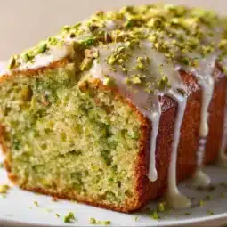 Loaf of moist pistachio bread on a wooden cutting board