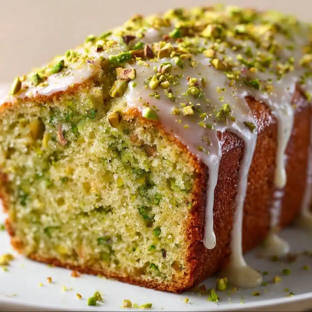 Loaf of moist pistachio bread on a wooden cutting board