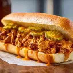 Delicious Nashville Hot Chicken Melt sandwich featuring spicy chicken and melted cheese.