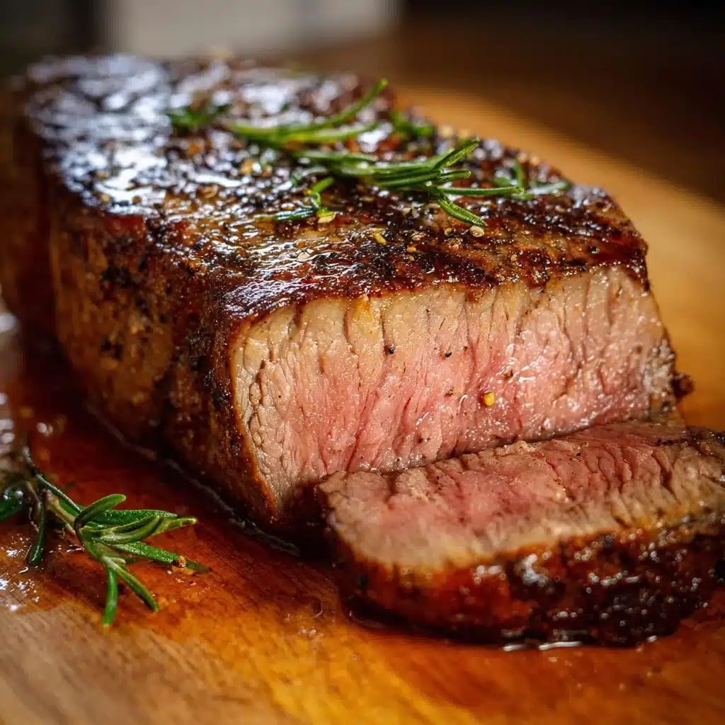 Juicy New York Strip Steak on a grill with seasonings