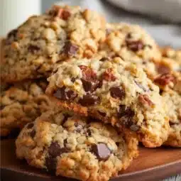 Freshly baked oatmeal chocolate chip cookies on a cooling rack