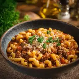 Bowl of old-fashioned goulash recipe with pasta and beef