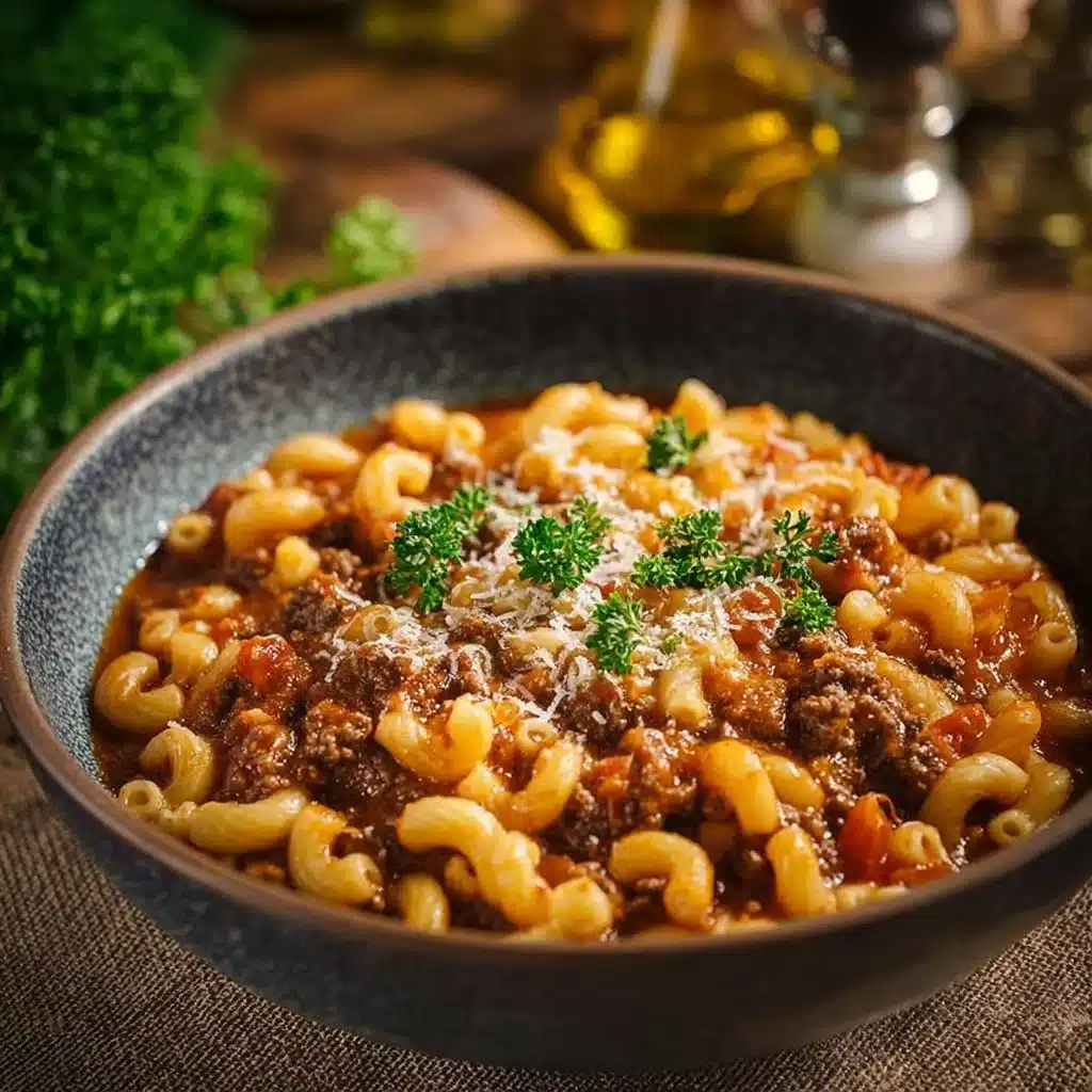 Bowl of old-fashioned goulash recipe with pasta and beef