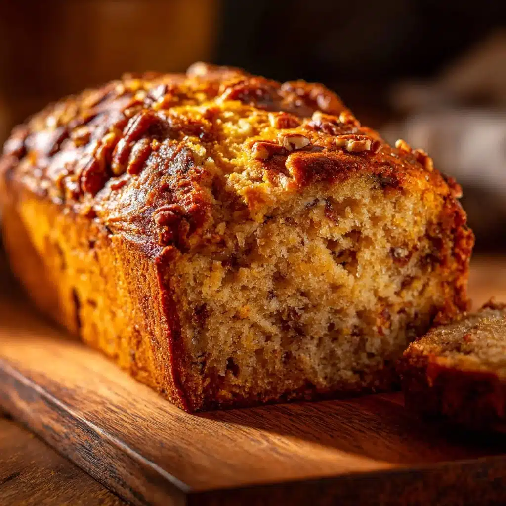 Loaf of Peach Pecan Bread with slices on a wooden cutting board