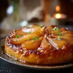 Delicious homemade Pear Tarte Tatin with caramelized pears and golden pastry