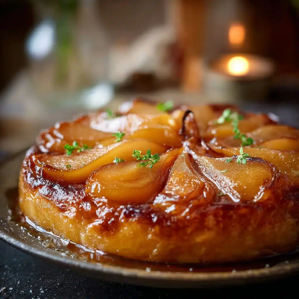 Delicious homemade Pear Tarte Tatin with caramelized pears and golden pastry