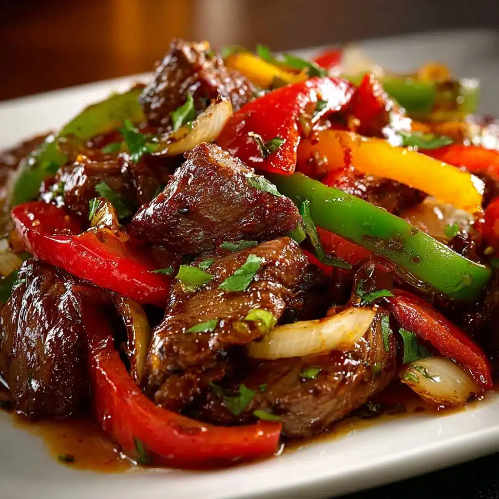 Delicious pepper steak served with peppers and spices on a plate.