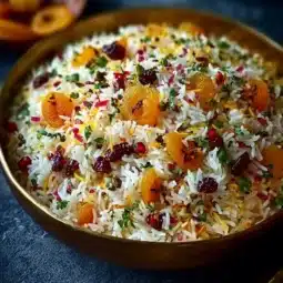 Persian Jeweled Rice with nuts and dried fruits on a decorative plate