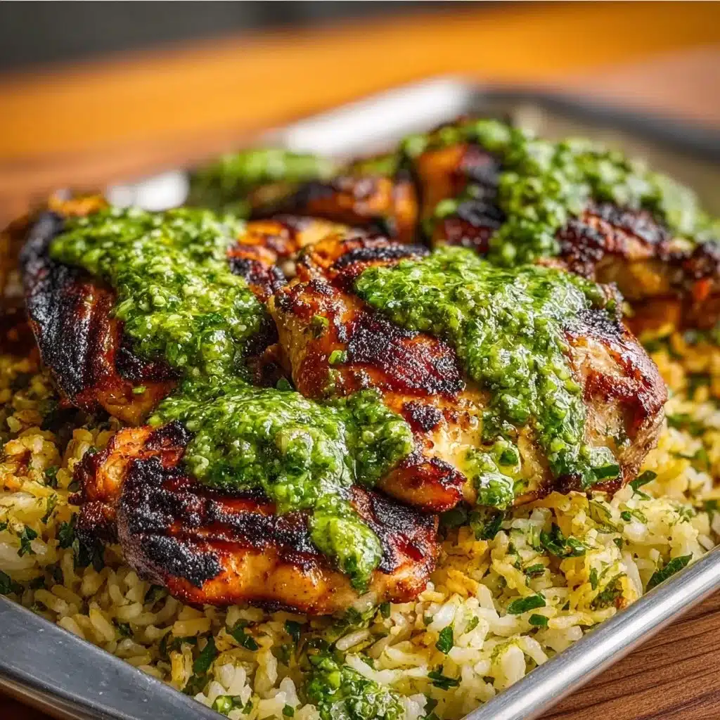 Delicious plate of Peruvian chicken and rice served with vibrant herbs and spices.