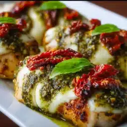 Pesto Chicken topped with melted Mozzarella cheese