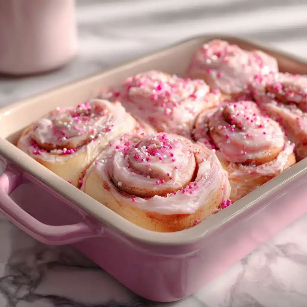Pink velvet cinnamon rolls with cream cheese frosting, beautifully swirled and fresh.