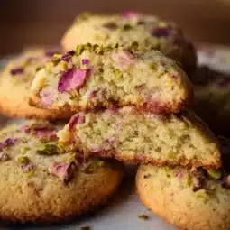 Plate of homemade Pistachio Rose Water Cookies with decorations