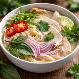 Delicious bowl of Rotisserie Chicken Pho with noodles and aromatic spices.
