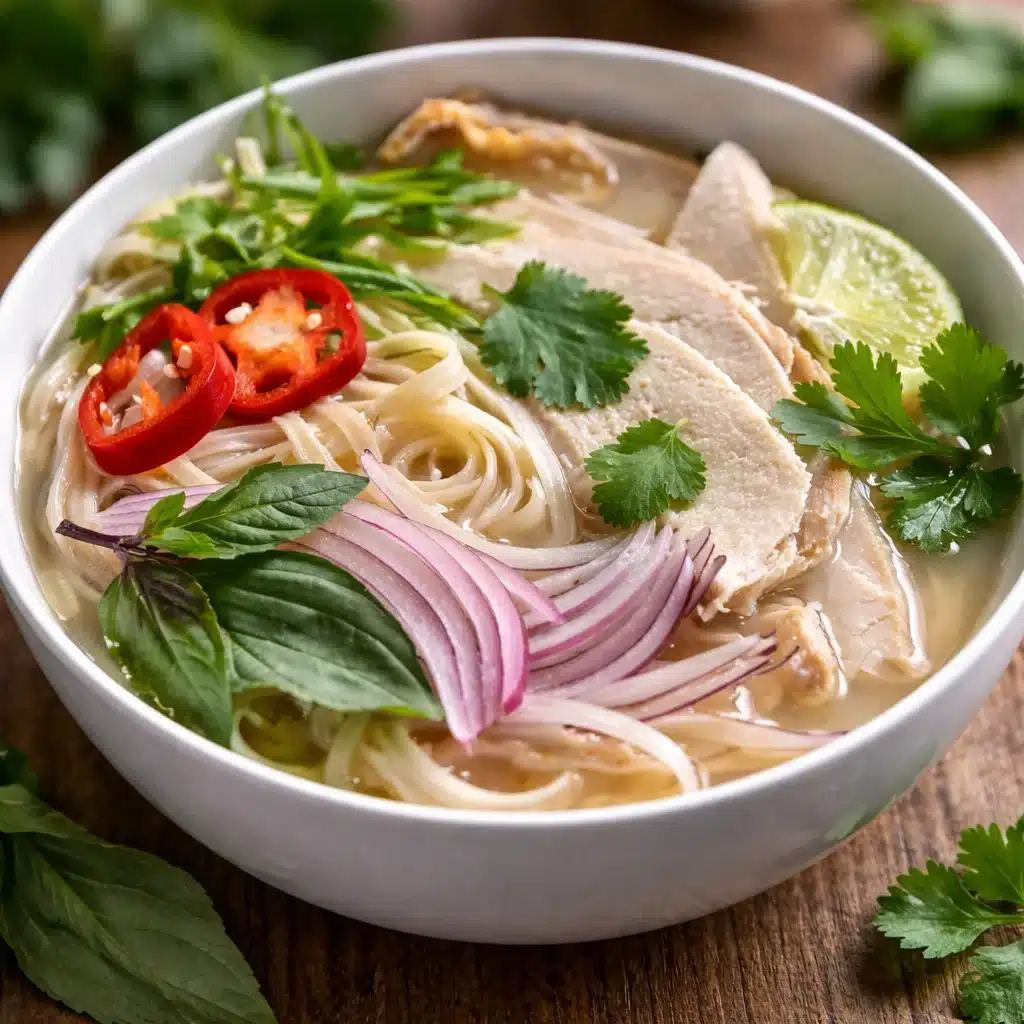 Delicious bowl of Rotisserie Chicken Pho with noodles and aromatic spices.