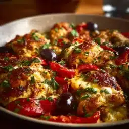 Quick Mediterranean Chicken Casserole topped with fresh herbs and vegetables