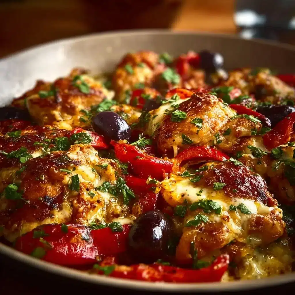 Quick Mediterranean Chicken Casserole topped with fresh herbs and vegetables
