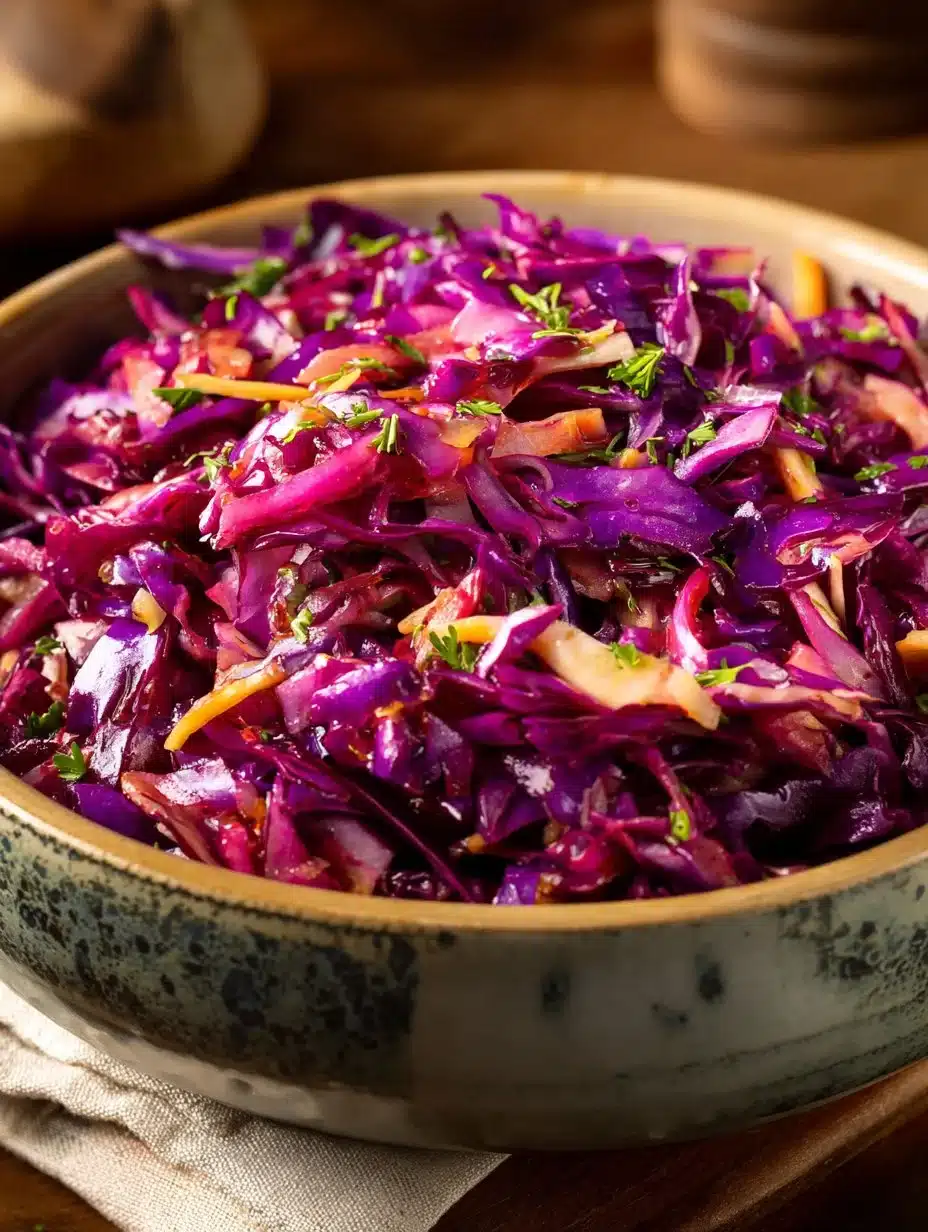 Fresh red cabbage slaw with carrots and dressing in a bowl