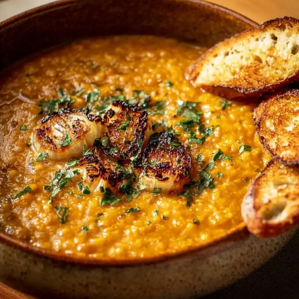 Bowl of hearty red lentil soup garnished with fresh herbs