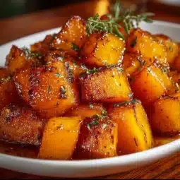 Roasted butternut squash recipe served in a bowl with herbs