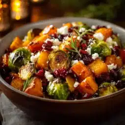 Plate of roasted seasonal vegetables with cranberry glaze, garnished and ready to serve.