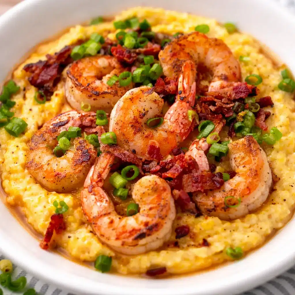 A bowl of southern shrimp and grits topped with shrimp, creamy cheese, and gravy.