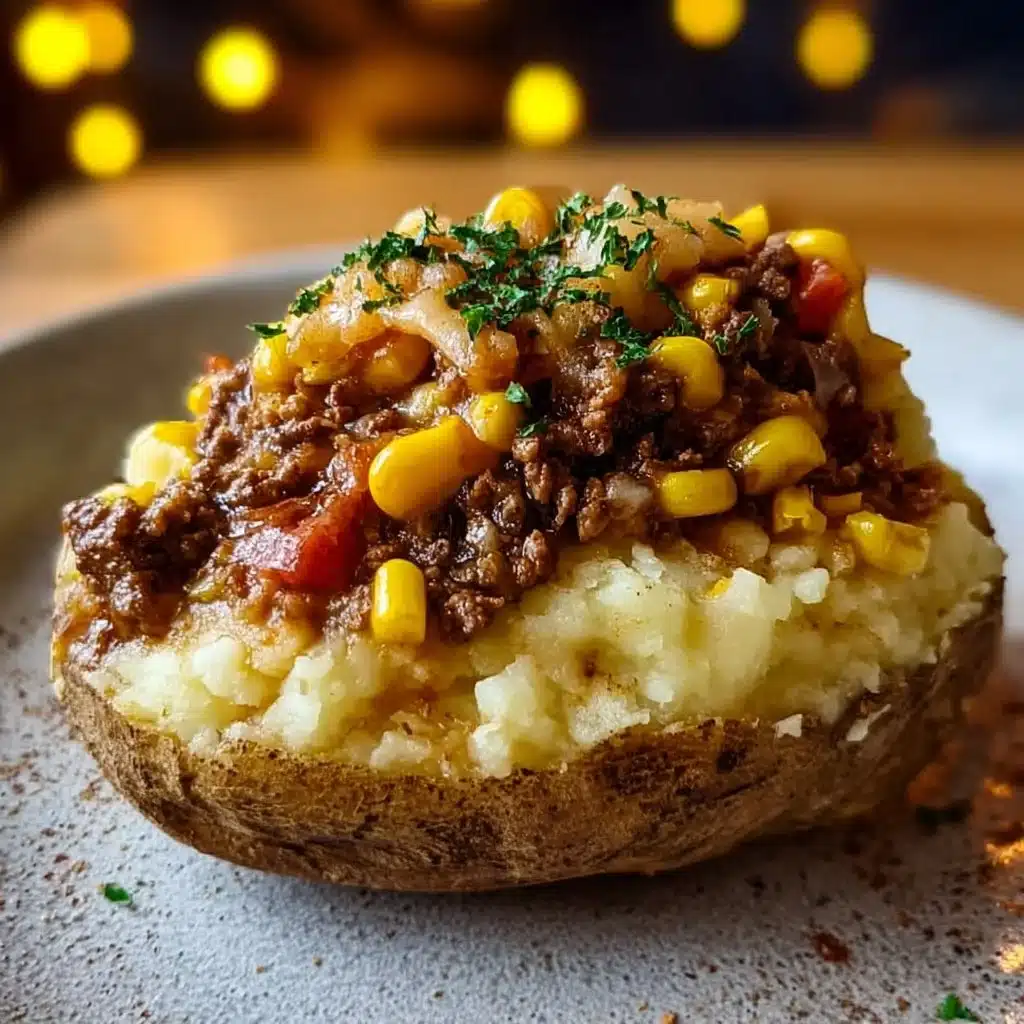 Delicious Shepherd's Pie Baked Potato topped with creamy mashed potatoes
