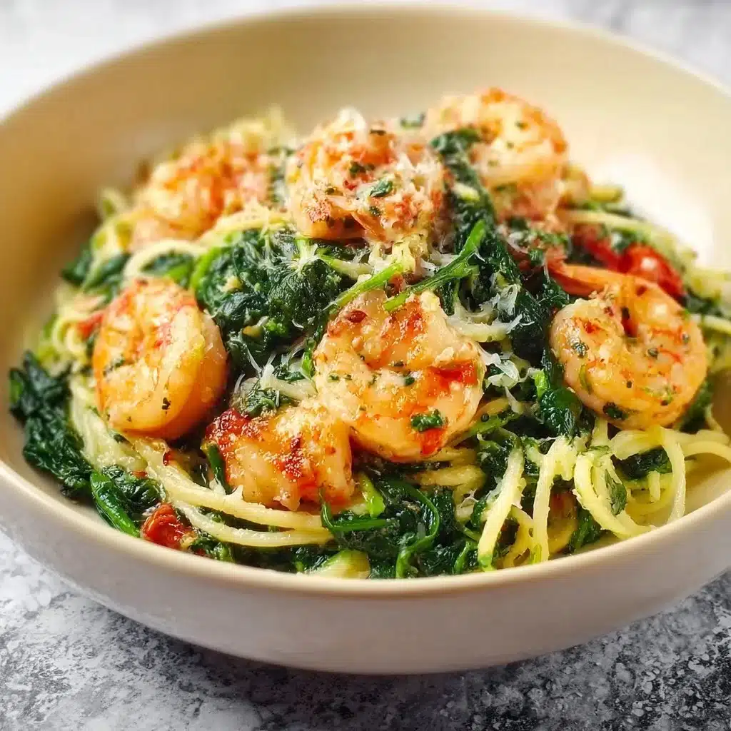 Delicious shrimp spinach pasta garnished with herbs in a bowl.