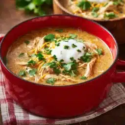 Bowl of simple Keto White Chicken Chili topped with herbs and cheese