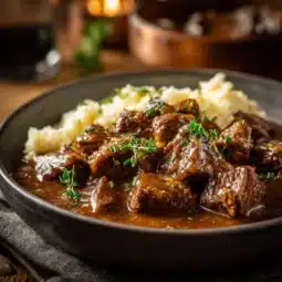 Slow Cooker Beef Tips in Gravy served with mashed potatoes