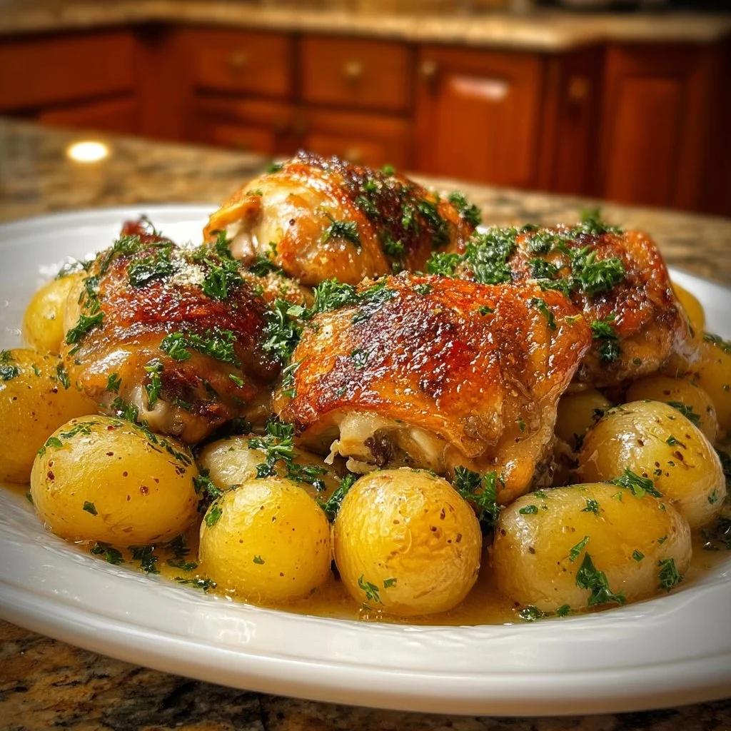 Delicious Slow Cooker Garlic Parmesan Chicken served with tender potatoes.