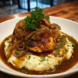 Slow Cooker Smothered Chicken served in rich savory gravy