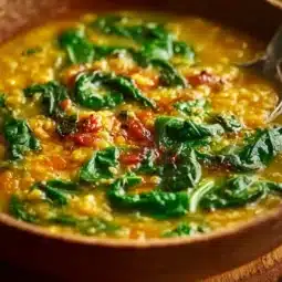 Bowl of smoky red lentil soup with fresh spinach and spices