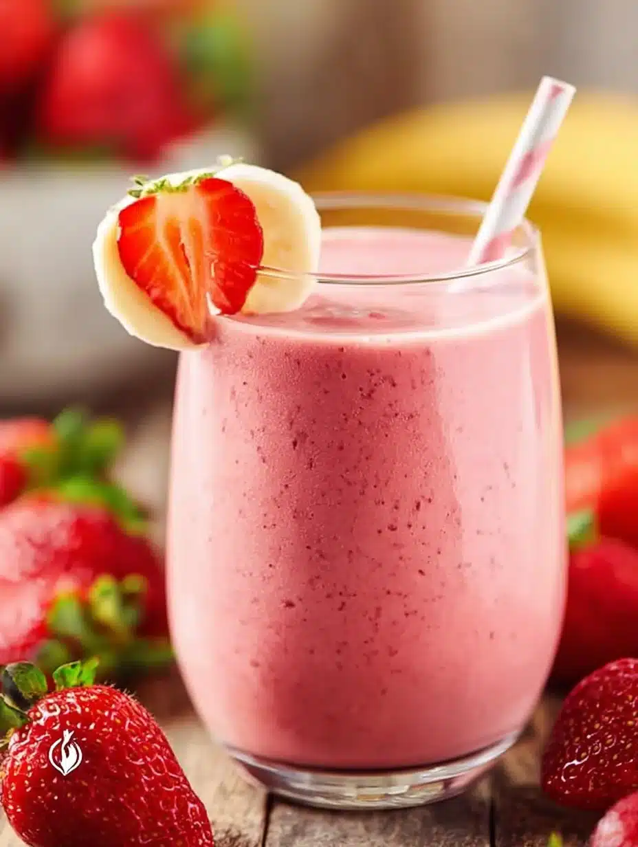 Fresh strawberry banana smoothie in a glass with strawberries and bananas