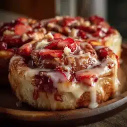 Strawberry cheesecake cinnamon rolls topped with creamy frosting and fresh strawberries