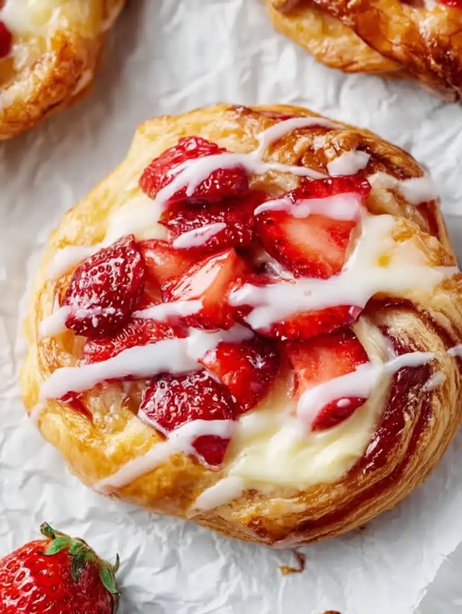 Freshly baked Strawberry Danish pastry filled with sweet strawberries