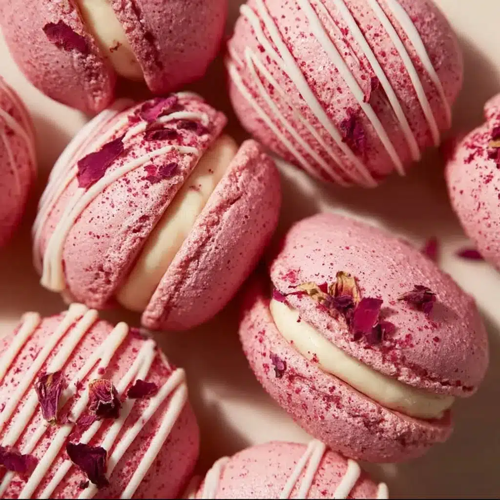 Delicious strawberry macarons on display, showcasing their vibrant pink color