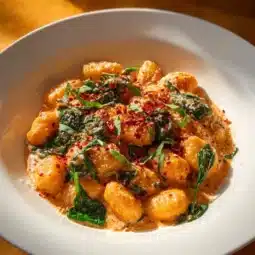 Plate of delicious sundried tomato gnocchi with fresh herbs