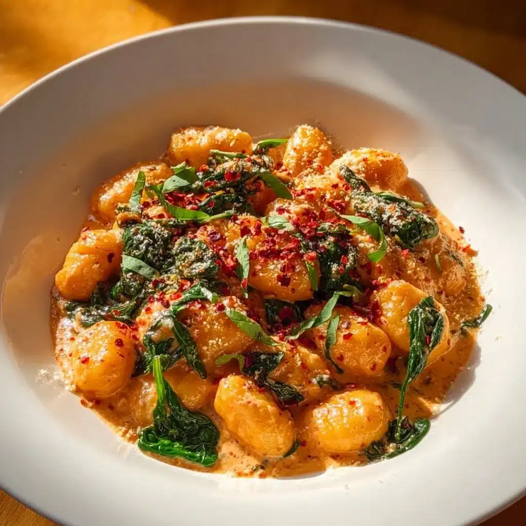 Plate of delicious sundried tomato gnocchi with fresh herbs