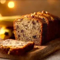 Delicious super moist banana nut bread with walnuts on a wooden table