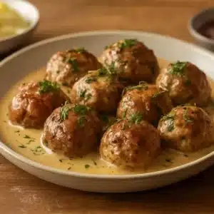 Delicious homemade Swedish Meatballs served with creamy sauce and fresh parsley.