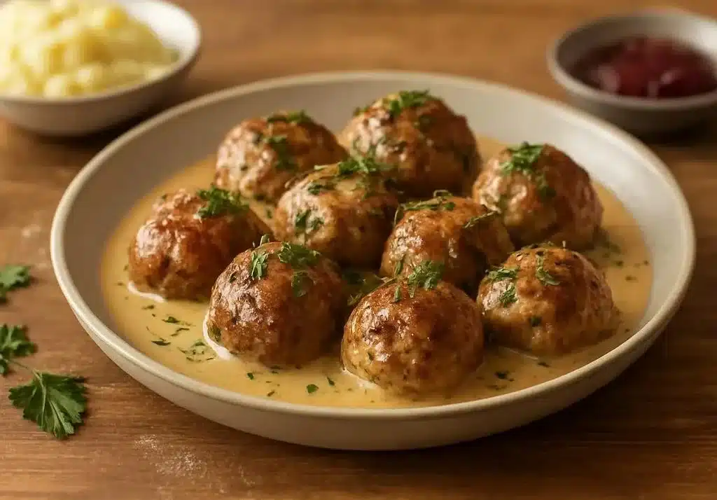 Delicious homemade Swedish Meatballs served with creamy sauce and fresh parsley.