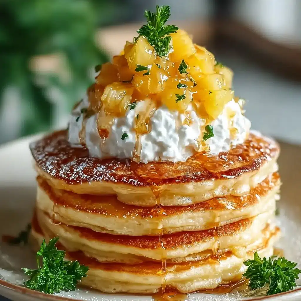 Delicious sweet coconut cream pancakes topped with fresh fruit and syrup