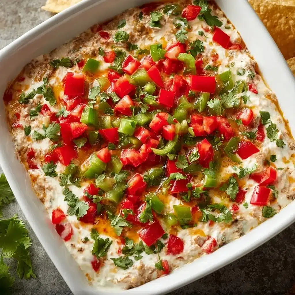 Texas Christmas Dip served in a festive bowl with tortilla chips