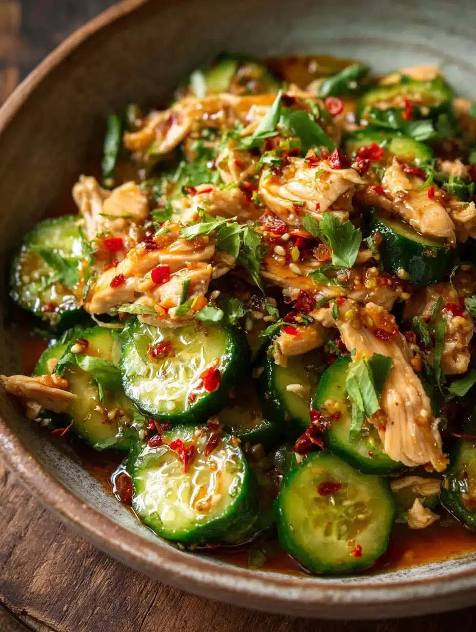 Thai cucumber salad with chicken served in a bowl, garnished with herbs.