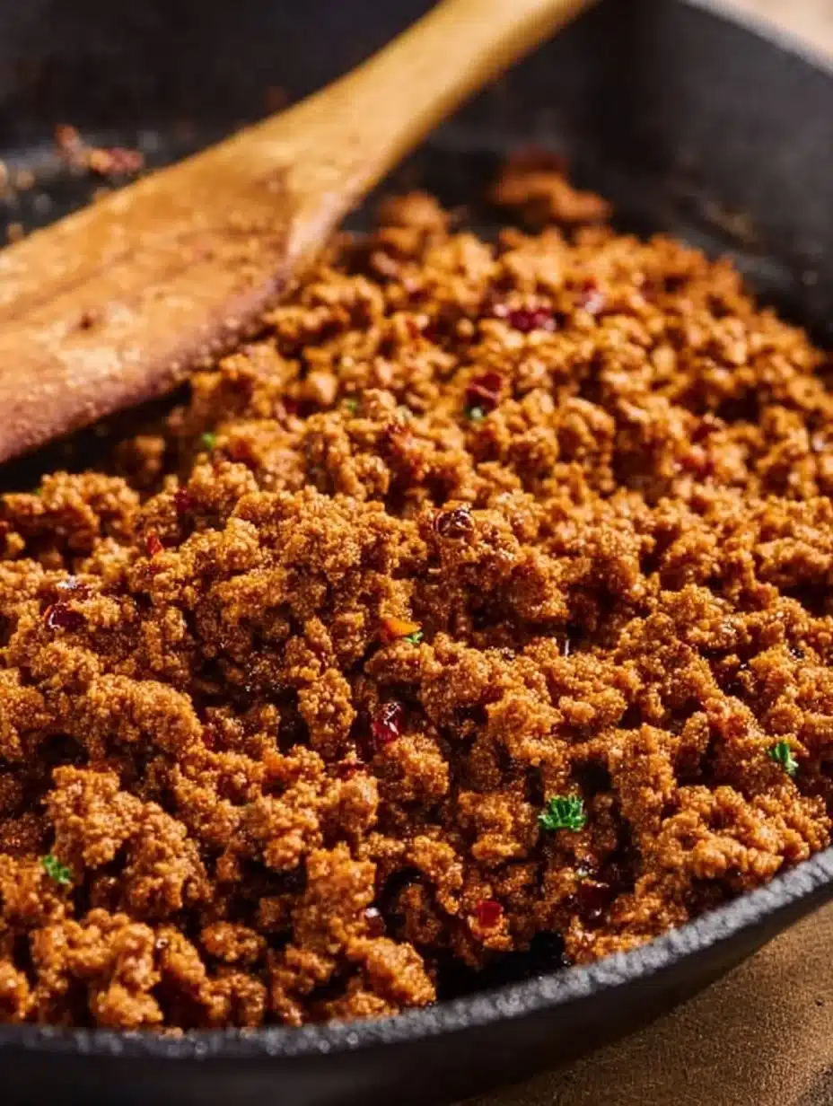 A plate of sizzling Turkey Chorizo ready to be served with fresh herbs.