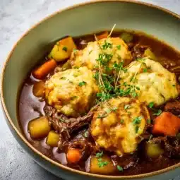Delicious Irish stew with cheddar dumplings served in a rustic bowl