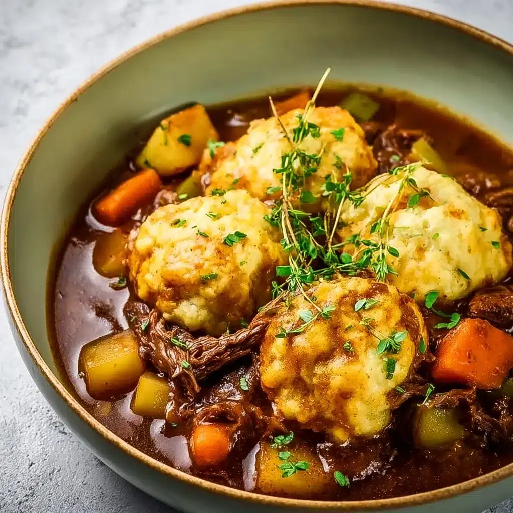 Delicious Irish stew with cheddar dumplings served in a rustic bowl