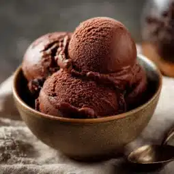 Bowl of ultra-creamy chocolate sorbet garnished with chocolate shavings