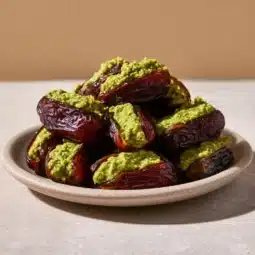 Vegan pistachio-stuffed dates on a plate, showcasing a delicious snack option.