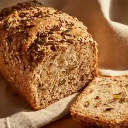 Freshly baked whole grain seeded bread with various seeds on top
